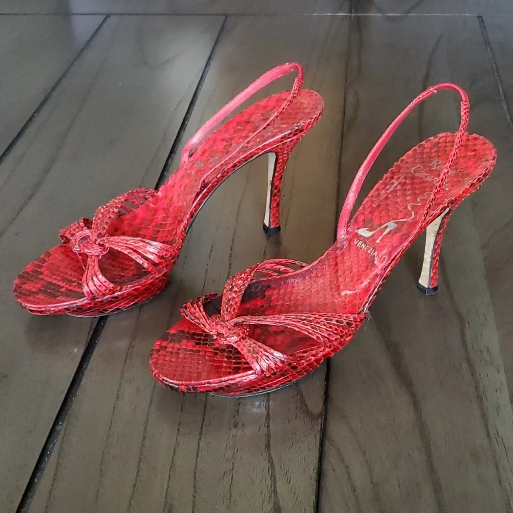 René Caovilla Snakeskin Slingback Heel Sandals, Red, 39EU (9US) - Picture 1 of 15